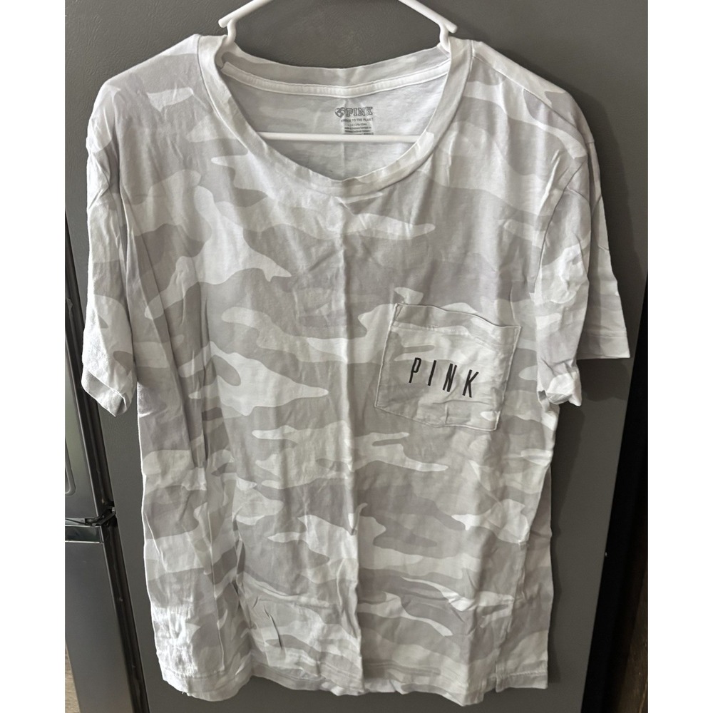 VS PINK Retired Camo White Gray Campus Tee Women's Large T Shirt Short Sleeve